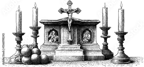 Gothic altar with crucifix, candles, and painted panels for religious design and decor