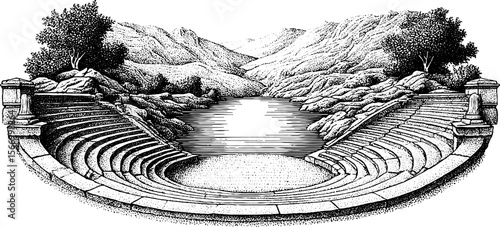 Ancient greek theatre with stone seats and scenic landscape