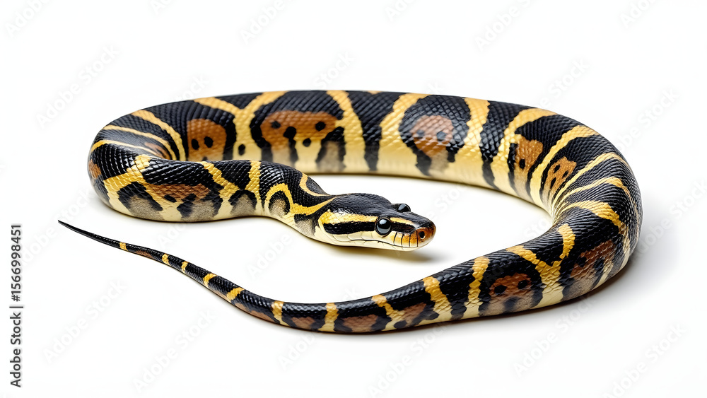 Naklejka premium Realistic photograph of full body snake isolate with black and yellow patterned scales coiled on white background