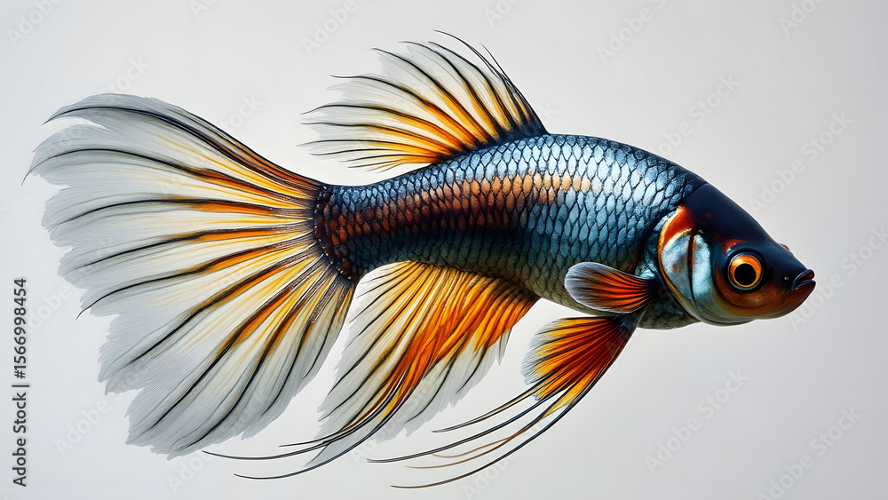 Fototapeta premium Colorful tropical fish with flowing fins and scales, swimming gracefully in clear water with vibrant orange and blue hues