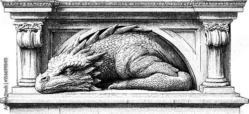 Ancient vault with runes and sleeping dragon in vintage engraving style