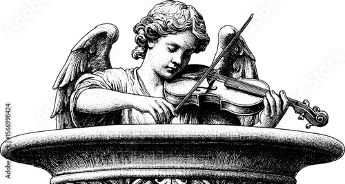 Angelic figure playing violin on renaissance edge - vintage hand drawn illustration