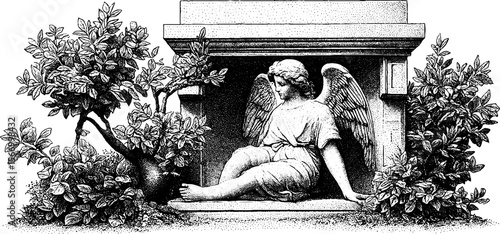 Vintage angel statue with broken wing in moss covered courtyard design for prints and posters