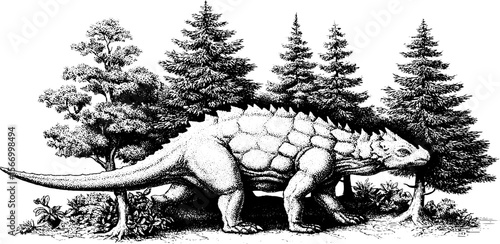 Ankylosaurus strolling in dense conifer forest sketch - vintage prehistoric scene