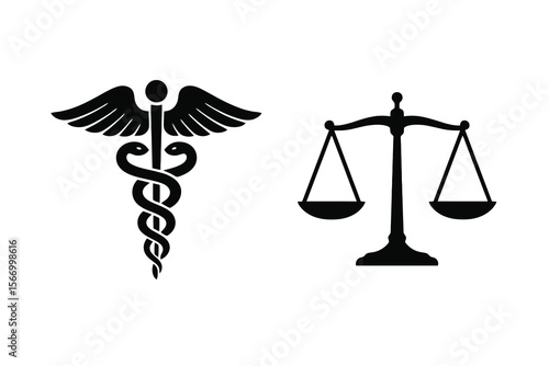 Vector set with 2 black study icons: medical caduceus and legal balance. Ideal for education, profession, knowledge designs.