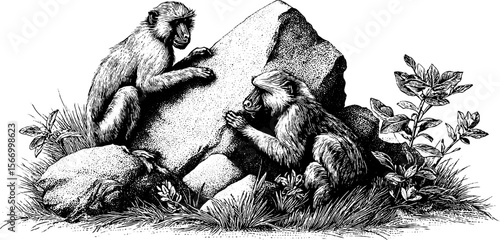 Vintage sketch of baboons grooming beneath boulder in natural habitat
