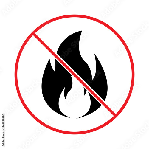 Flat minimalist no fire icon in outline style, vector EPS 10 format. Depicts a flame with a prohibition sign, ideal for fire safety warnings, flammable restrictions, no ignition zones, and hazard sign