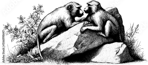 Vintage sketch of baboons grooming by boulder in open grassland scene for nature illustration
