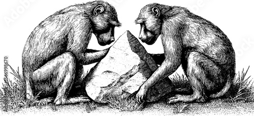 Vintage baboons grooming by boulder in open grassland silhouette design