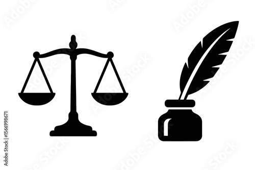 Vector set with 2 black icons: legal balance and history quill. Ideal for school, study, university, education design projects.