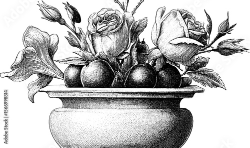 Ornate baroque vase with overflowing roses and figs for elegant decor design