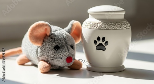Pet memorial with a toy mouse and an urn for ashes. Remembrance for a pet who has passed away. Pet funeral concept.