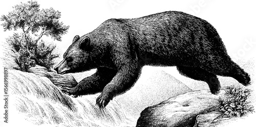 Bear catching salmon in rushing mountain stream - vintage hand drawn engraving for nature designs