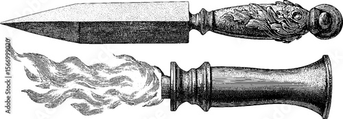 Vintage hand drawn blacksmith's gladius with roaring fire themed sketch for retro design