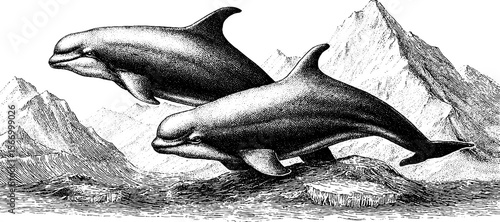 Vintage hand drawn beluga whales surfacing through sea ice with mountains in background