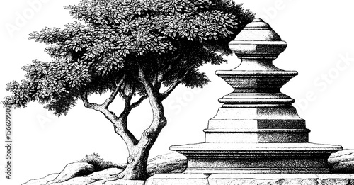 Vintage sketch of bodhi tree beside stone altar - hand drawn engraving for spiritual and nature designs