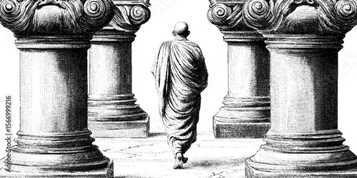Buddhist monk walking silently among ancient stone columns in temple silhouette sketch