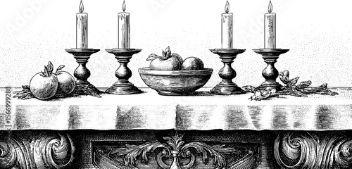 Ornate baroque candlelit feast with draped table in gilded hall design