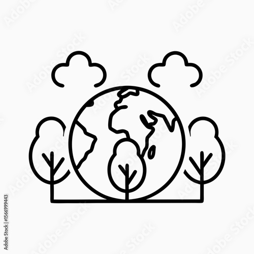 Outline Illustration of Earth Surrounded by Trees and Clouds for Environmental Awareness, Sustainability Projects, Nature Education, and Eco-Friendly Websites  