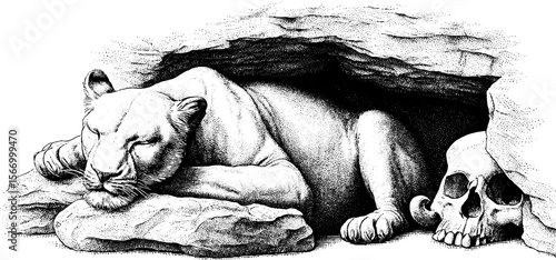 Vintage engraving of cave lion resting in stone den with mammoth bones