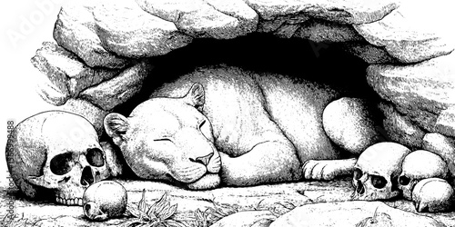 Cave lion resting among mammoth bones in stone den - vintage animal sketch for design
