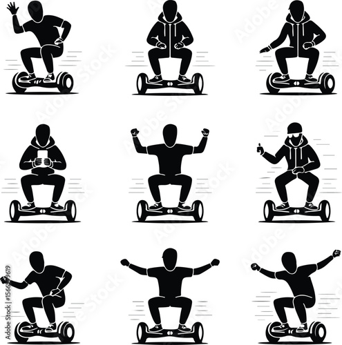 Person on Hoverboard Icons – Black Silhouette Vector Pack Hoverboard Rider Silhouette Set – Modern Transport Icon Collection