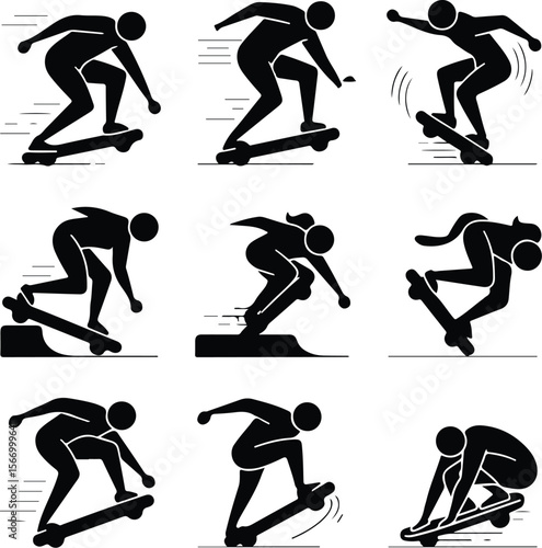 Person on Hoverboard Icons – Black Silhouette Vector Pack Hoverboard Rider Silhouette Set – Modern Transport Icon Collection