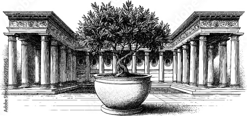 Vintage classical columned atrium with tiled floor and potted tree: architectural heritage design
