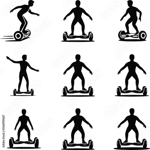 Person on Hoverboard Icons – Black Silhouette Vector Pack Hoverboard Rider Silhouette Set – Modern Transport Icon Collection
