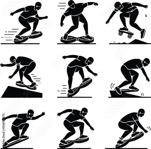 Person on Hoverboard Icons – Black Silhouette Vector Pack Hoverboard Rider Silhouette Set – Modern Transport Icon Collection