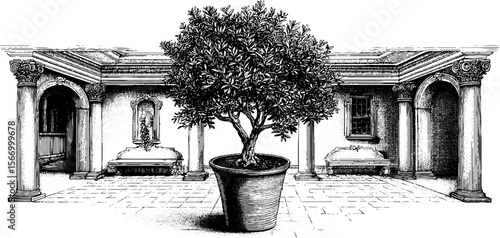 Classical columned atrium with tiled floor and pot for architectural design