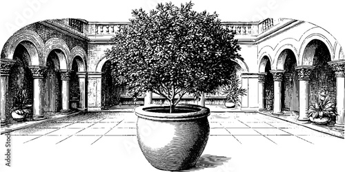 Classical atrium with columned architecture and potted plant in vintage sketch