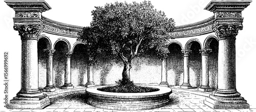 Vintage classical columned atrium with tiled floor and pot in hand drawn sketch for retro design