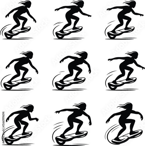 Person on Hoverboard Icons – Black Silhouette Vector Pack Hoverboard Rider Silhouette Set – Modern Transport Icon Collection