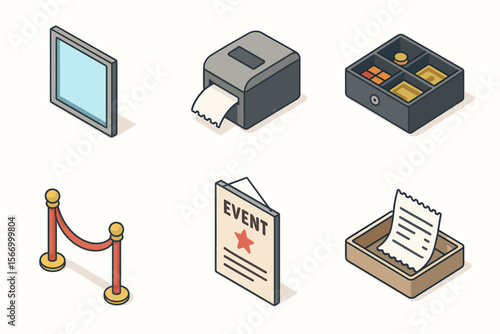 Isometric icons: mirror, printer, cash drawer, barrier, event flyer, receipt tray