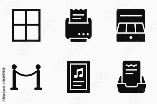 Icon set featuring printer, window, ticket, barrier, music poster, receipt holder