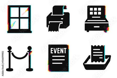 Black silhouette icons of window, printer, cash register, rope barrier, event sign, receipt