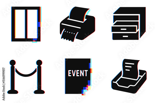 Glitch-style office icons: printer, file cabinet, stanchions, event sign