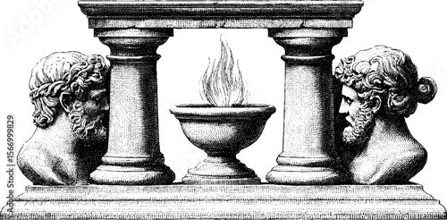 Ancient colonnaded temple with altar flame and classical carved statues - vintage engraving design