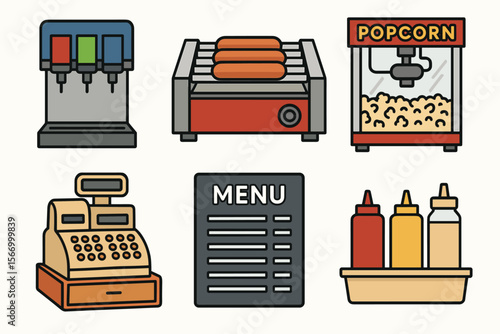 Cartoon fast food icons with menu, drinks, hot dogs, popcorn, condiments