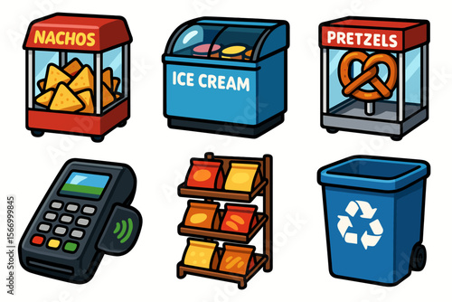 Snack vending icons: nachos, ice cream, pretzels, payment terminal, recycling bin