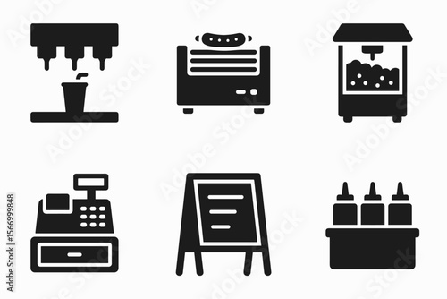 Black icons of food dispensers and appliances: drink, hot dog, popcorn, cash register