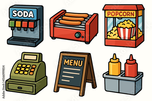 Cartoon fast food items: soda, hot dogs, popcorn, cash register, menu, condiments