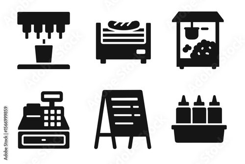 Food and beverage icons set: coffee machine, bread toaster, popcorn maker, cash register, menu board, condiment bottles