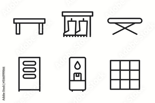 Household utility icons set: bench, fireplace, ironing board, cabinet, humidifier, tiled wall