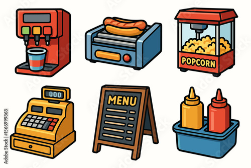 Cartoon fast food stand items: soda dispenser, hot dog, popcorn machine, cash register, menu, condiments