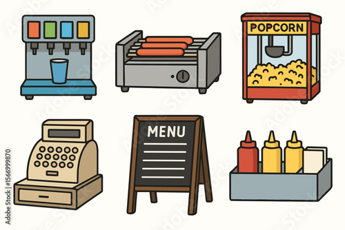 Food kiosk icons with beverage dispenser, hot dog grill, popcorn machine
