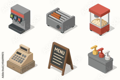 Isometric icons of coffee machine, hot dog roller, popcorn maker, cash register, menu board, pump dispenser