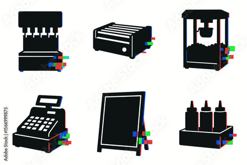 Black silhouette icons of snack bar equipment: ice cream, hot dog, popcorn, register, menu board, condiments