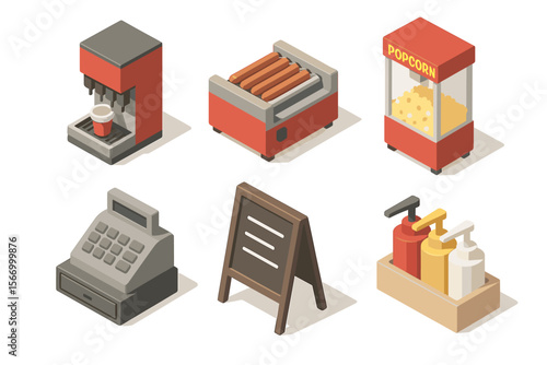 Isometric snack shop items: coffee machine, hot dog grill, popcorn maker